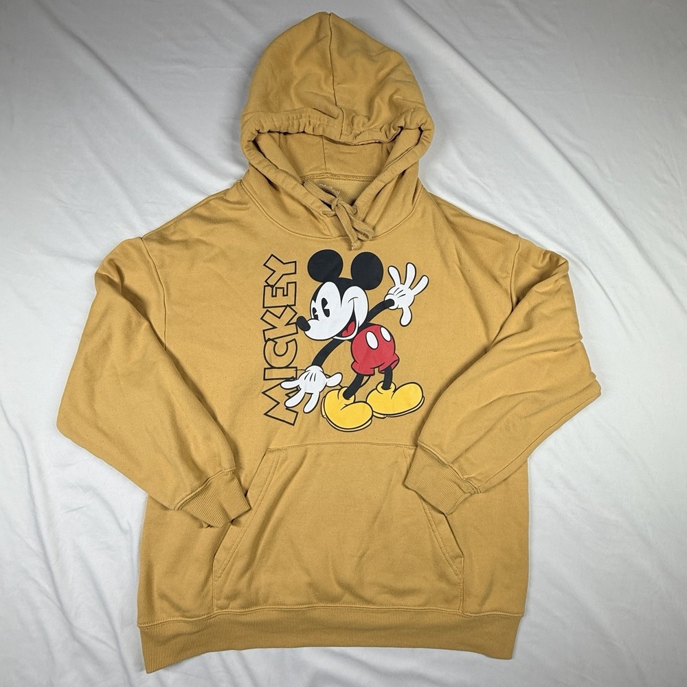 Disney Mickey Mouse Hoodie Women's XL Yellow Graphic Sweatshirt Pocket